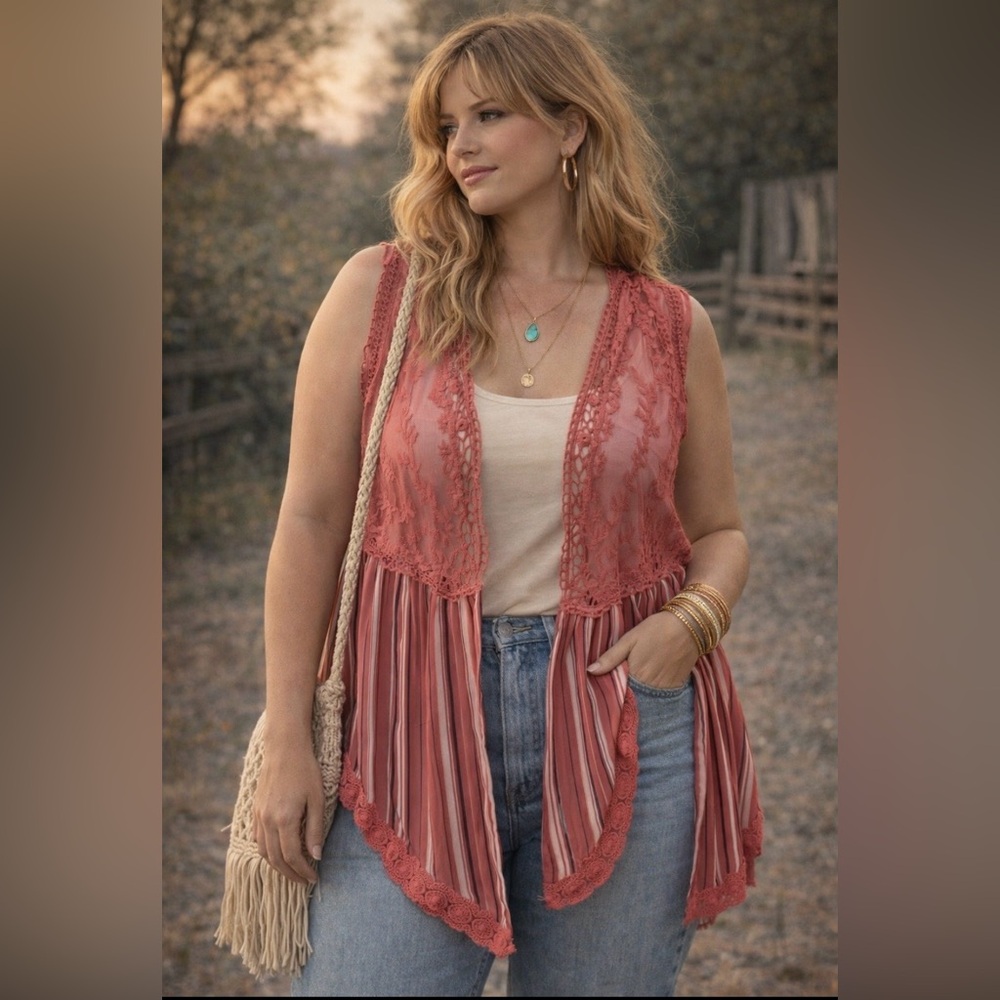 *Pink Striped Sleeveless vest/ Top with lace trim bodice- boho style- open front